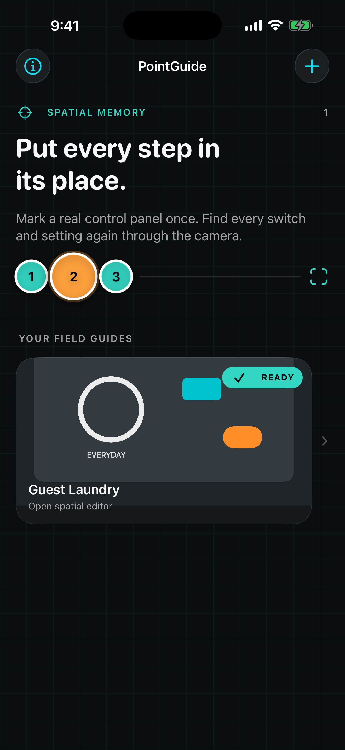 PointGuide home screen showing a saved Guest Laundry Field Guide